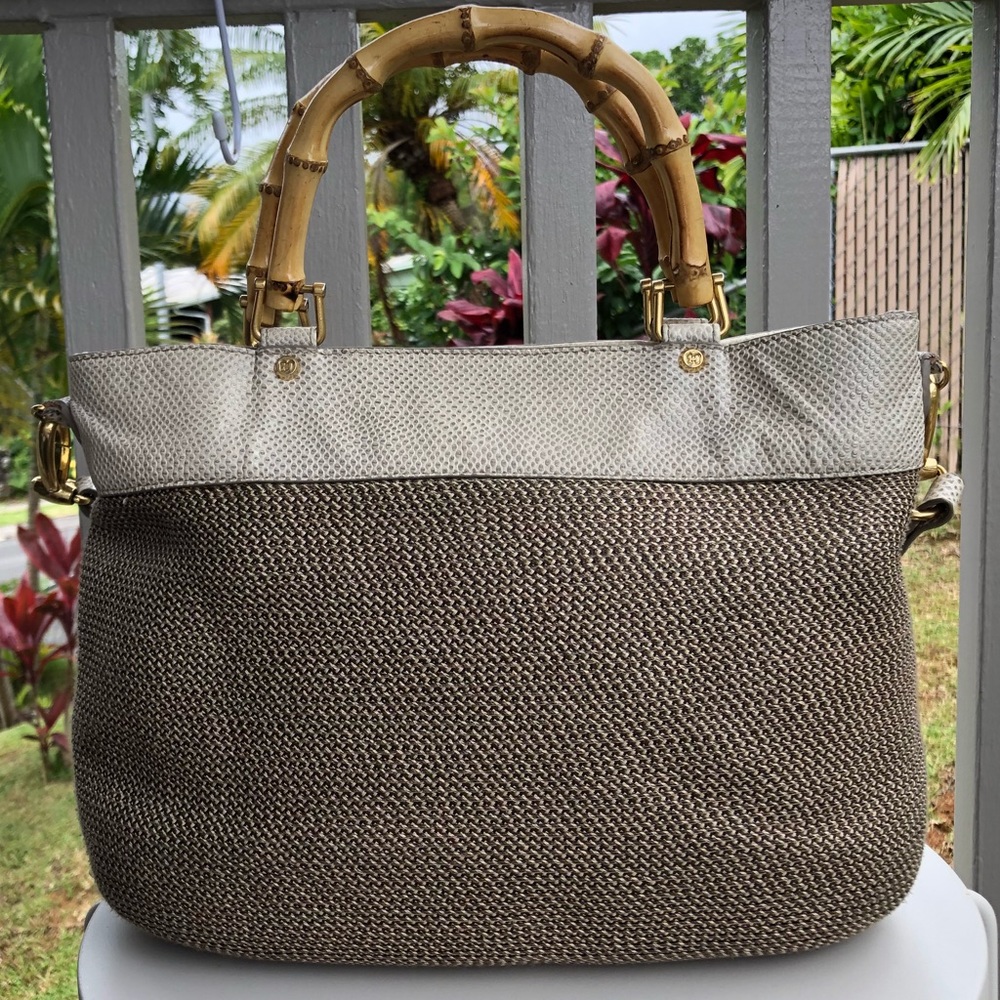 Eric Javits bamboo handle purse, taupe/cream